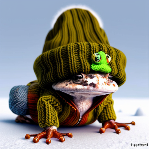 A laughable, puzzled animal toad in woolen, multicoloured winter clothings with woolen winter cap. Hyperrealistic art style.