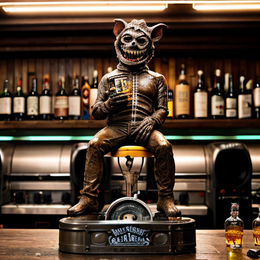 a grotesque, photorealistic dive bar frozen in time—peeling wallpaper stained with decades of smoke and spilled liquor, broken furniture piled like carcasses in the corners, a single flickering bulb casting jaundiced light. Front and center, a nightmare scarecrow slouches on a stool, its burlap face split by a stitched grin, cornstalk fingers wrapped around a bottle of Jack Daniels, tendrils of hay spilling from its rotting chest cavity where whiskey drips into exposed ribs. Beside it, three 1950s-era hazmat suits—faded yellow rubber, cracked visors fogged with condensation—lean drunkenly against the bar, gloved hands clutching martini glasses filled with neon-green sludge. A hunchbacked goblin with pustular skin and jagged teeth perches on a keg, chugging a foaming beer that spills down its chin onto a taxidermied rat hanging from its necklace. Towering over them all, a corroded bronze statue of Satan rises from the debris, one hoof resting on a toppled jukebox, its leering face tilted as if amused by the decay. The air is thick with the ghosts of a thousand bad decisions
