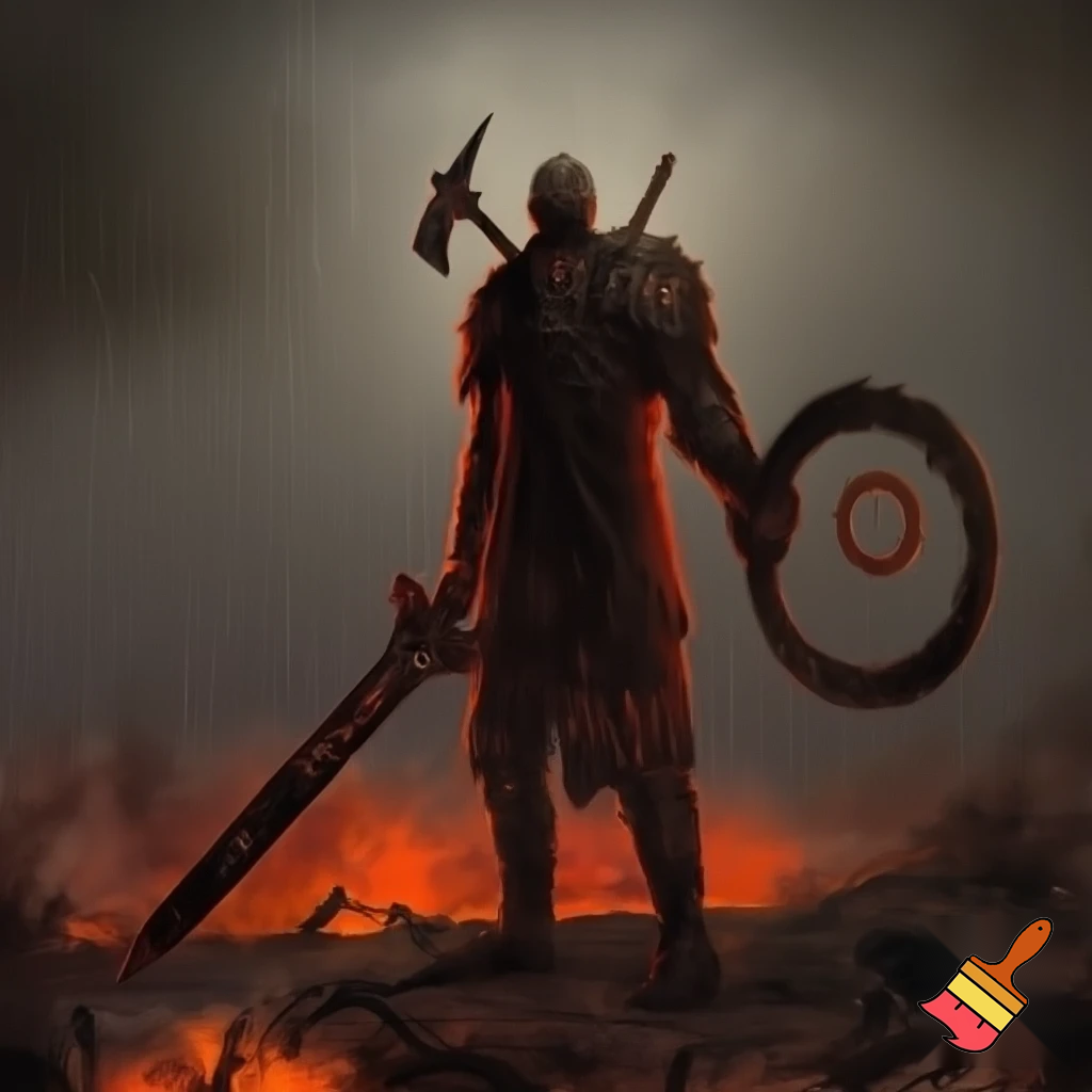 Dark fantasy album cover, no cape. 
Lucen Vor, human warrior fused with inner fire, full-body 3/4 stance. 
Weapons visible: 
- Solvaeris (long ashfire sword, dark steel with inner ember veins) in right hand, tip down; 
- Esvanyr (heavy iron gauntlets with glowing runes) on both hands; 
- Finitar (brutal two-handed execution axe) across the back, head visible over shoulder; 
- Ygnyrion (incandescent ring blade / heavy chakram ~70cm, serrated outer rim, inner rune core, internal grip) in left hand, tilted as if about to throw; 
Infernal battlefield, falling ash, embers, smoke. 
Dramatic rimlight red/amber, subtle grey-steel fill, slightly clearer silhouette to read all weapons. 
No cape. No bloom. Not cartoon. Gritty, brutal, realistic texture.