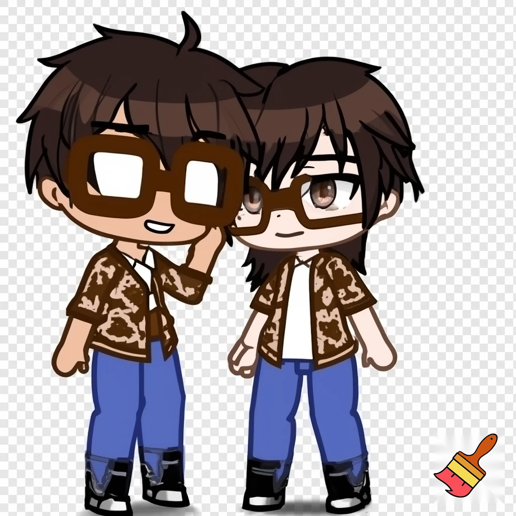 A Gacha brown skinned boy with dark brown hair, brown glasses and a brown pattern jacket with a white shirt, blue pants and black shoes. Waving at the camera 