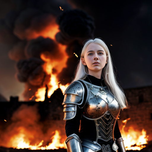 young, tall, white-haired woman in armor stands in front of a burning castle into which meteorites are falling.