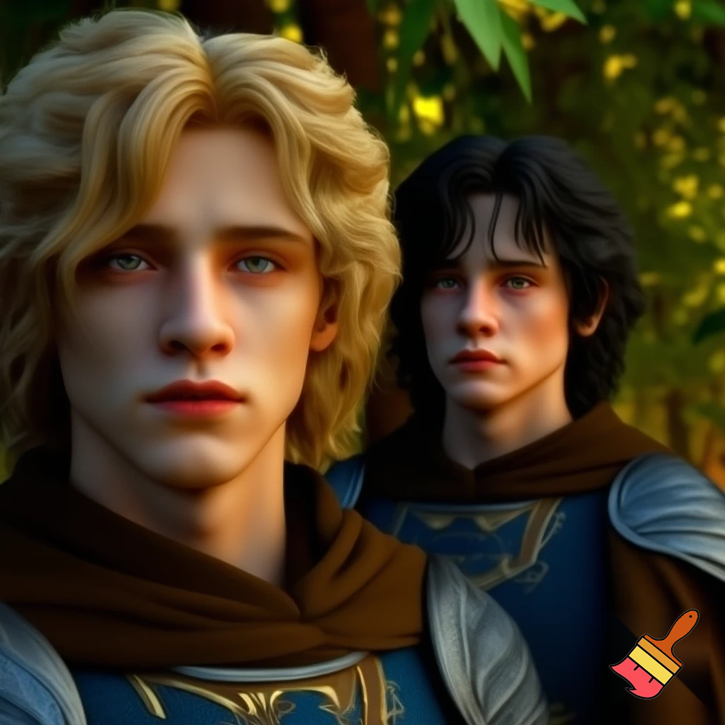 Create a photo-realistic exact replica of this reference image: https://www.slashfilm.com/img/gallery/how-ralph-bakshi-rescued-the-animated-lord-of-the-rings/our-hero-1644242156.webp. Identical composition, poses, facial expressions, clothing details (blue and gold armor with intricate engravings, brown cloak on the left figure), forest background with dappled sunlight through green leaves, warm golden-hour lighting, and moody atmosphere. Change only the hair color of the left character (blond, wavy-haired youth) from blond to jet-black, keeping length, style, and every other detail unchanged. 1280x720 resolution, 16:9 aspect ratio, high detail, no other alterations.