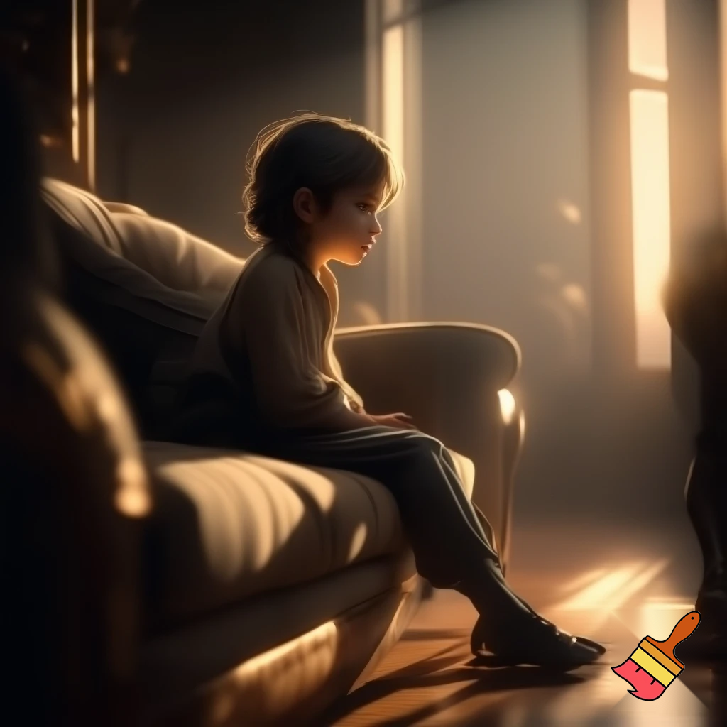 "A young person sitting elegantly on a luxurious sofa in a cinematic living room, warm golden-hour lighting streaming through large windows, soft shadows, dramatic depth of field, ultra-realistic textures, cozy yet epic atmosphere, cinematic composition, high detail, 8K resolution.