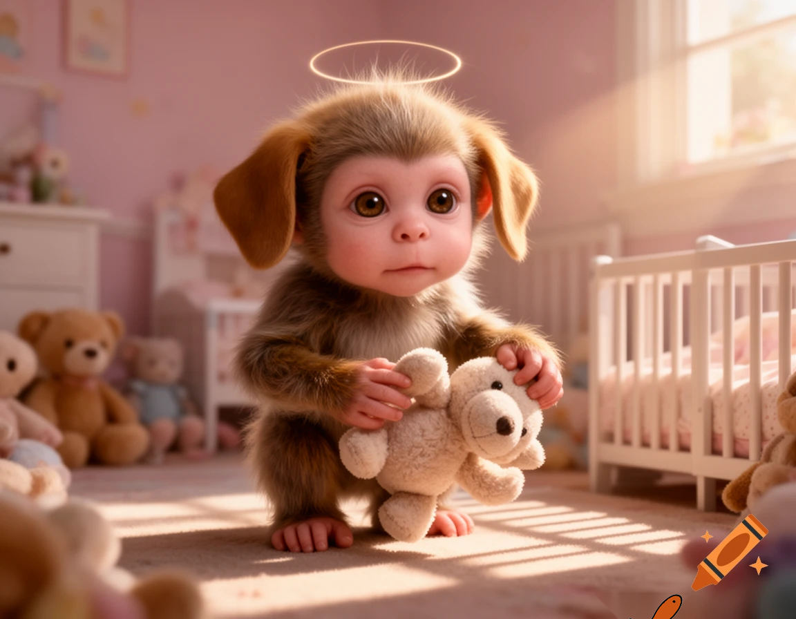 A baby human mixed with a dog and a monkey 