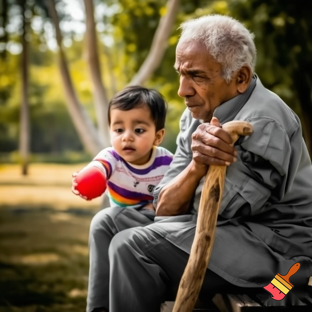 An old man is holding a stick, and a child wants to give him a ball.
