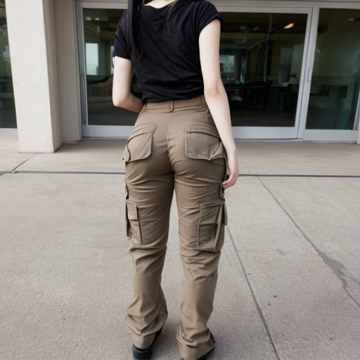 a anime girl with beige cargo pants on turned around


