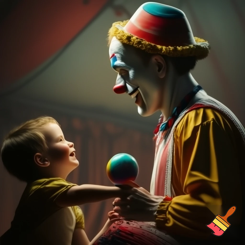 I want a picture of a circus clown with his face clearly visible, showing all the details. He should be looking sad, wearing a circus hat, and standing. In front of him is a child giving him a small circus ball, and the child is happy. The child looks at the clown's face.The clown and the child should be depicted with all the details of their bodies, including their hands and feet. I want it to be realistic, not a cartoon 