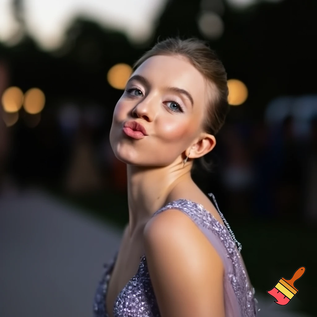 Sydney Sweeney kissy face in a prom dres