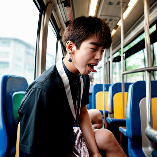 
30대 중반 한국 미녀, 염색한 갈색 머리 장발. 개 목줄, 드롭 이어링, 글리터 상의, 시퀀 큐빅 스커트, 하이힐 착용. 버스 좌석에 앉은 한국 남자 고등학생 위에 올라탄, 혀로 뺨을 핥는.
