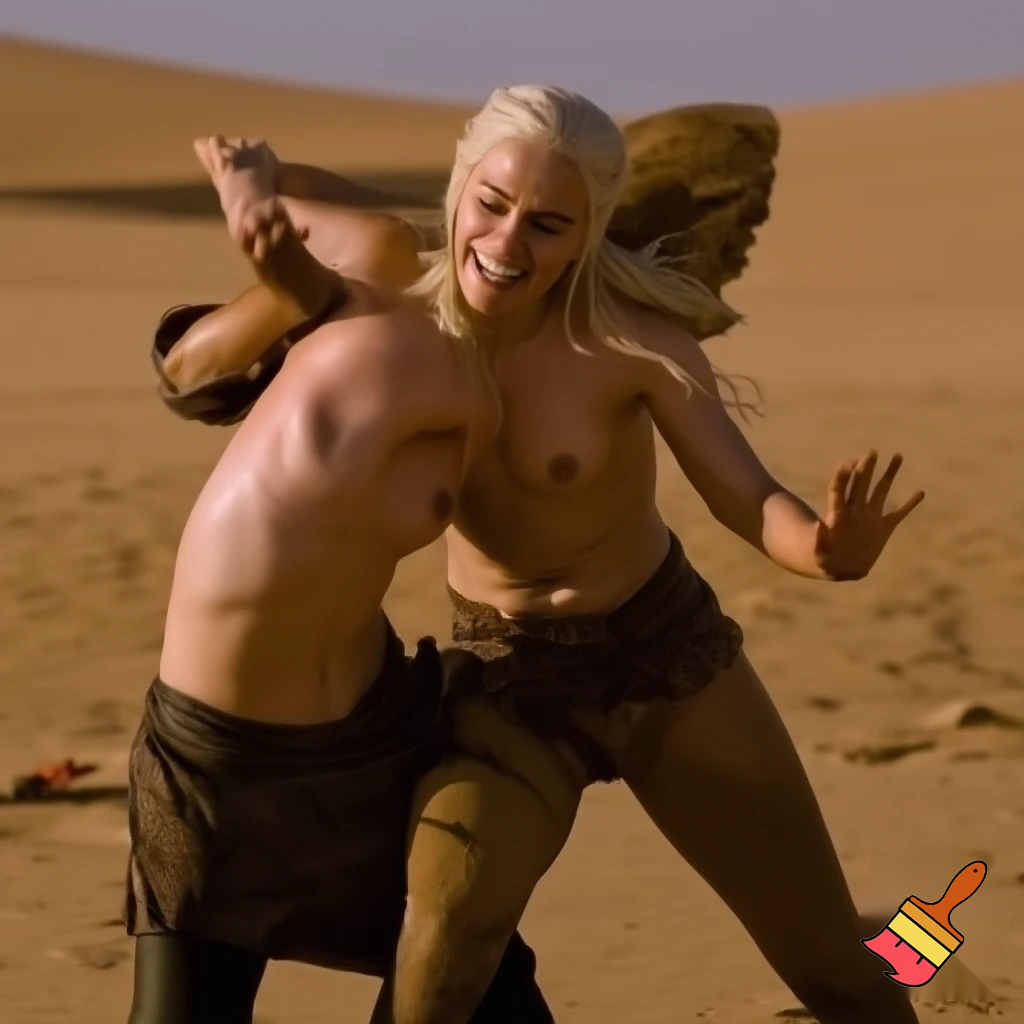 Daenerys Targaryen and Cersei Lannister wrestling in the desert , Cersei Lannister is under Daenerys and losing. Both are naked and all sweaty 
