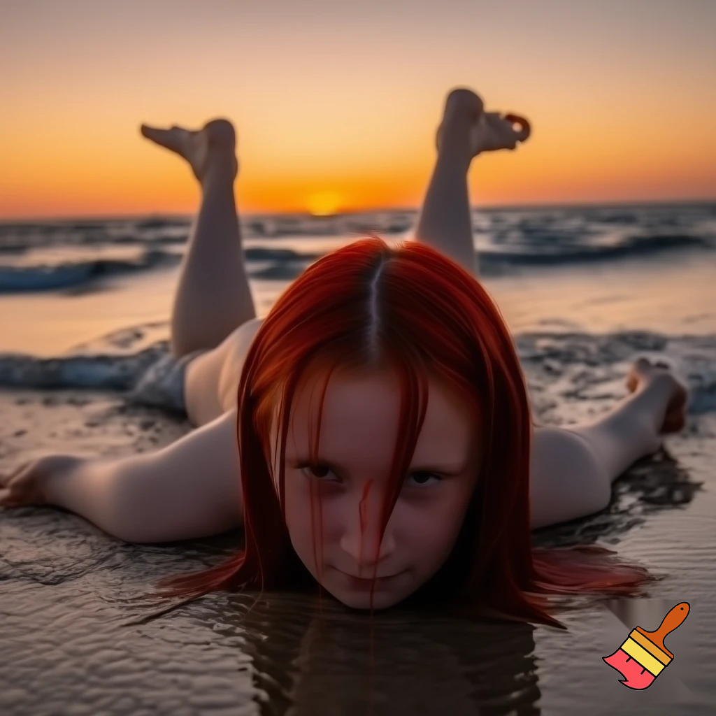 Ragazza dai capelli rossi distesa al tramonto su una spiaggia, bagnata dalle onde sul suo corpo nudo. Vista frontale, la ragazza ha le gambe aperte i capelli sono mossi 