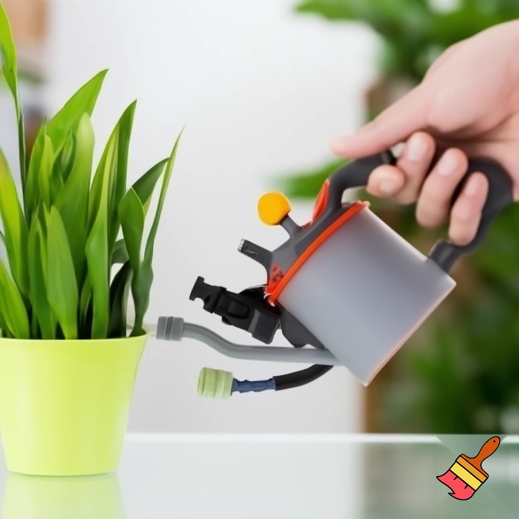Un robot assistant qui arrose une plante... en plastique.