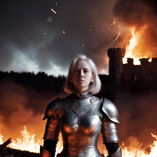 young, tall, white-haired woman in armor stands in front of a burning castle into which meteorites are falling.