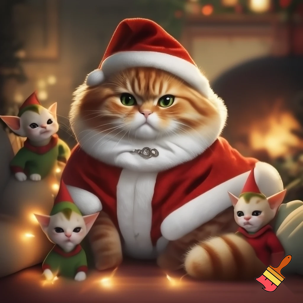 A cat in a Santa Claus costume, elf kittens in the background