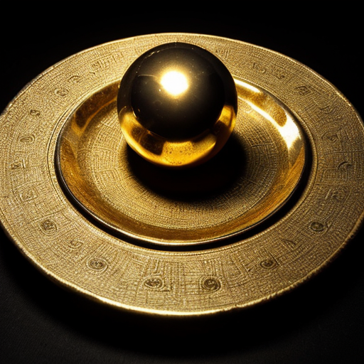 ancient mysterious artifact, unknown symbols, dramatic lighting, archaeological photo, very photorealistic, gold ball, small symetric crystals, small gold plates with animal symbols