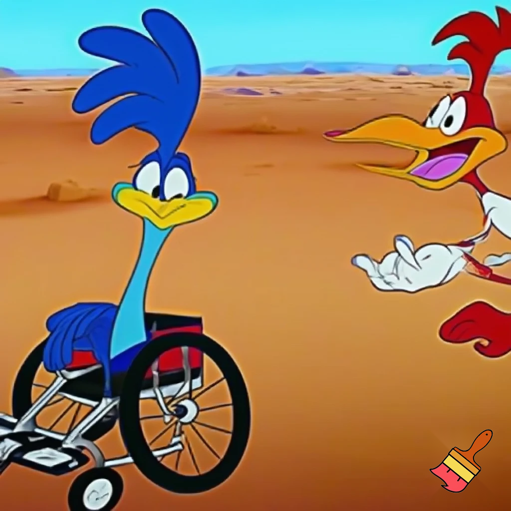 The Road Runner, in the classic Merrie Melodies style, in a wheelchair facing stage right, in a typical desert scene.