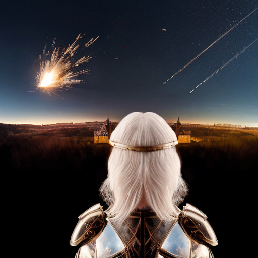 young white-haired woman in armor watches as meteorites fall on her castle