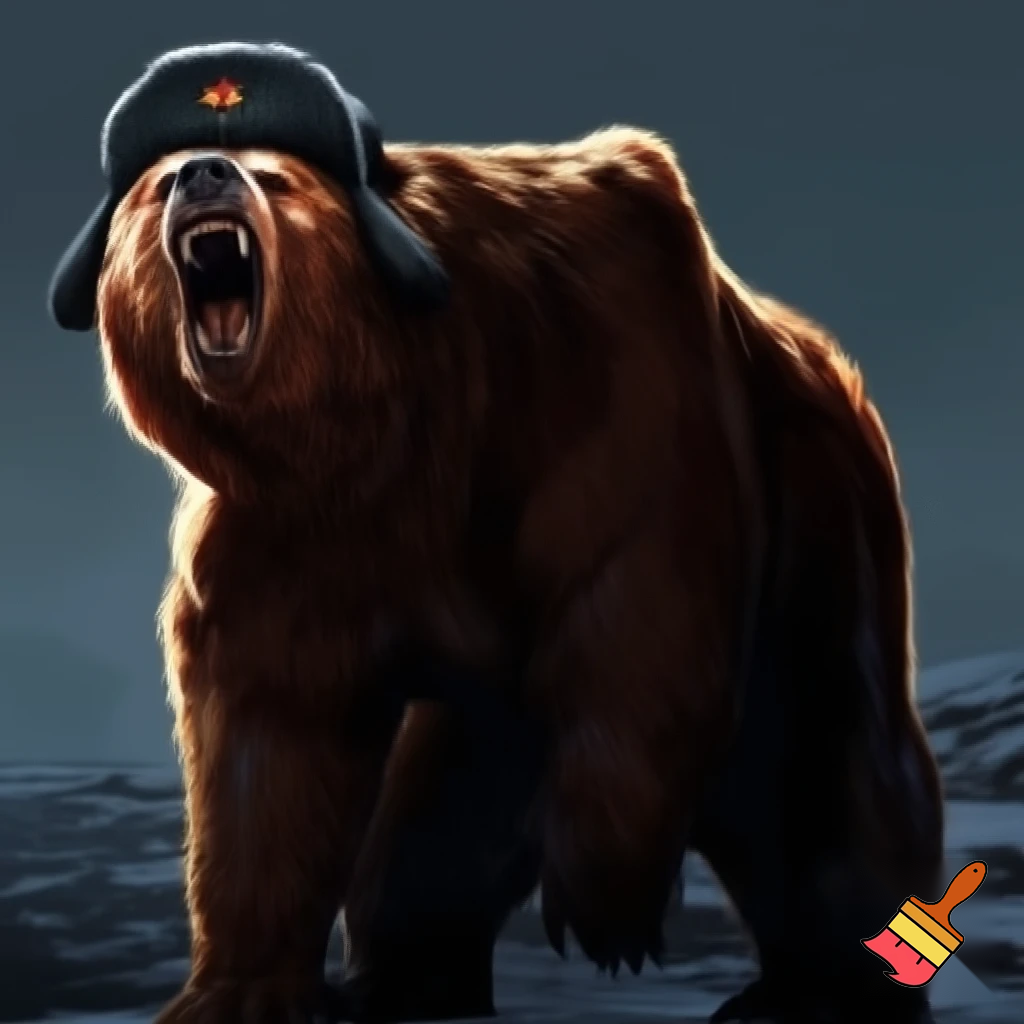 make a bear with a ushanka on withthe soviet sign roaring while sranding on two legs