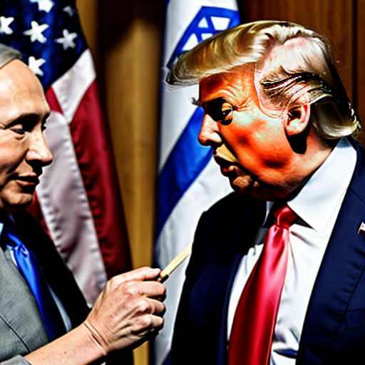 netanyahu spanks donald trump on the butt with a wooden spoon while putin cries and holds a lollipop