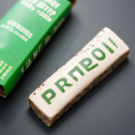 generate an image of a protein bar which is yellow and green with the words little bits on it