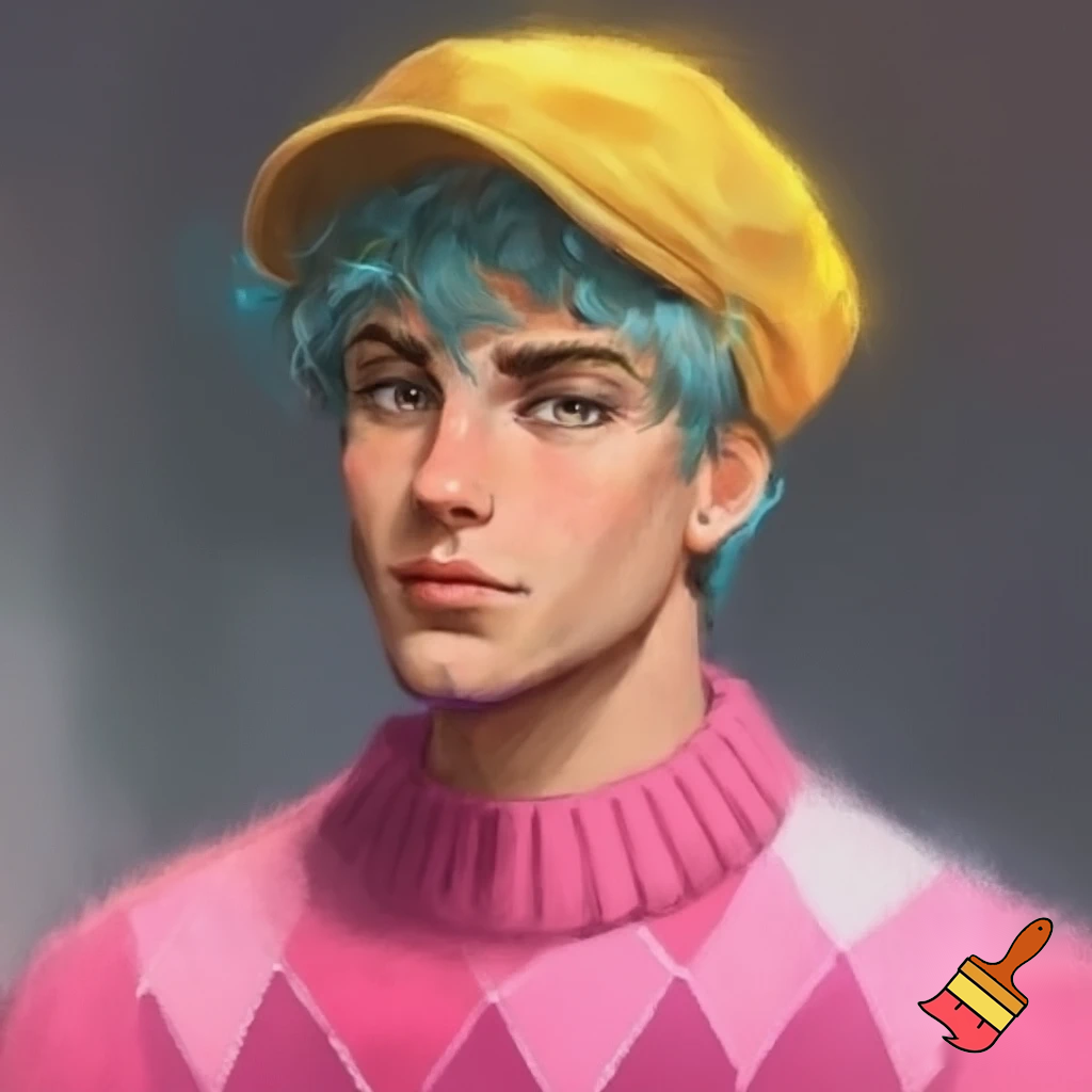 A young man with fluffy, short, blue-gray or turquoise hair and pale skin. Looks to be 24, he wears stylish yellow newsboy cap and pink argyle oversized sweater. 