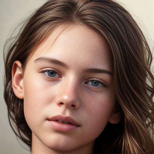 13 Year Old Floating Female Head Brown Hair Down. No Neck, No Body Visible.