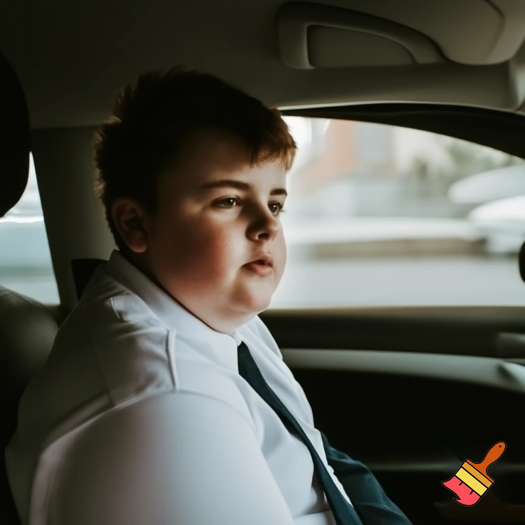 A kid that is 13 years old with brown hair in school uniform in the car and he is chubby
