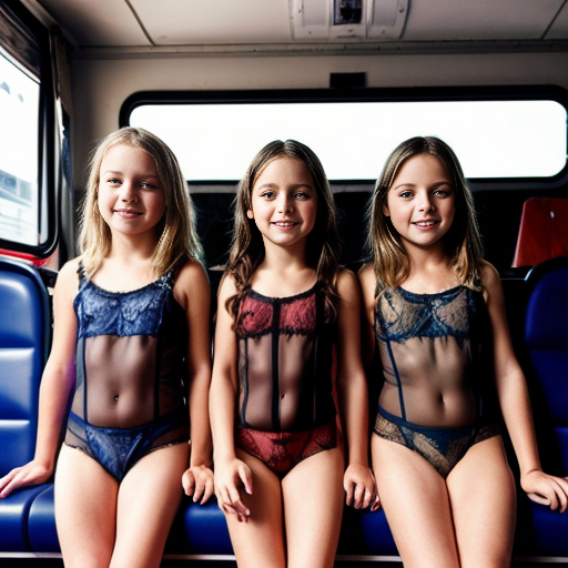 Crea la imagen real en 4k de 5 niñas rubias de 9 años, vestidas con lenceria ajustada y transparente, en el bus