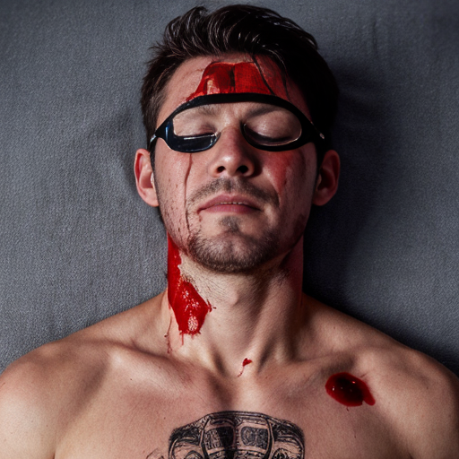 A shirtless man, face are hiding by shirt with cut on eye part, died, chest open wounded, blood everywhere, eye closed.