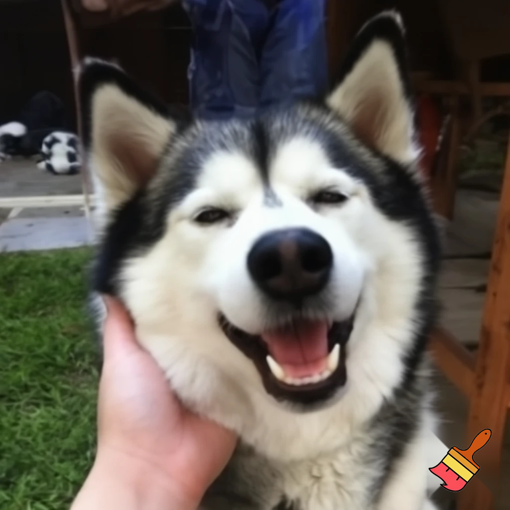 A husky dog smiling like a human with human teeth