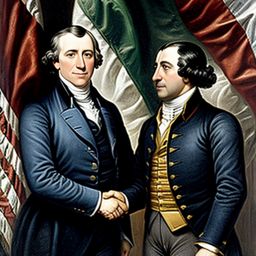 James Monroe (the 5th president of the United States of America) and Agustin de Iturbide (the Emperor/Head of State of the United Mexican States) Shake their hands as "Friends" with the United States flag from 1822 and the First Mexican Empire flag from 1822