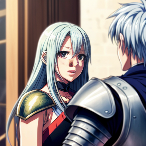 young, tall, white-haired woman in armor is sad because a Turkish man stole her knife.