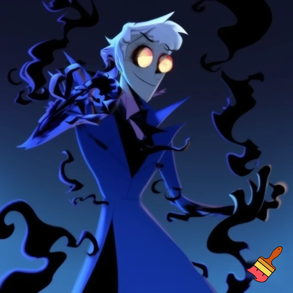 A tall, lean pale man with a similar build to Alastor with white hair, distinctive round brass glasses he has a stern look on his face. his face In cartoonish art style of hazbin 
hotel wearing his signature blue overcoat with black sinister smoke curling around him his hand reaching out, producing the black sinister smoke