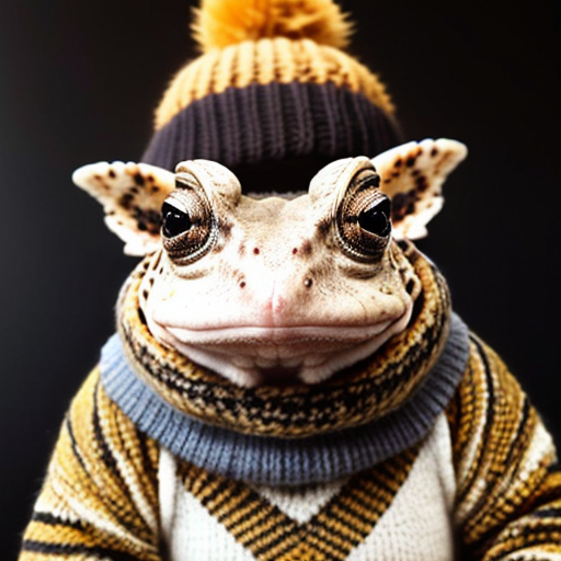 A laughable, puzzled animal toad in woolen, multicoloured winter clothings with woolen, funny winter cap. Hyperrealistic art style.