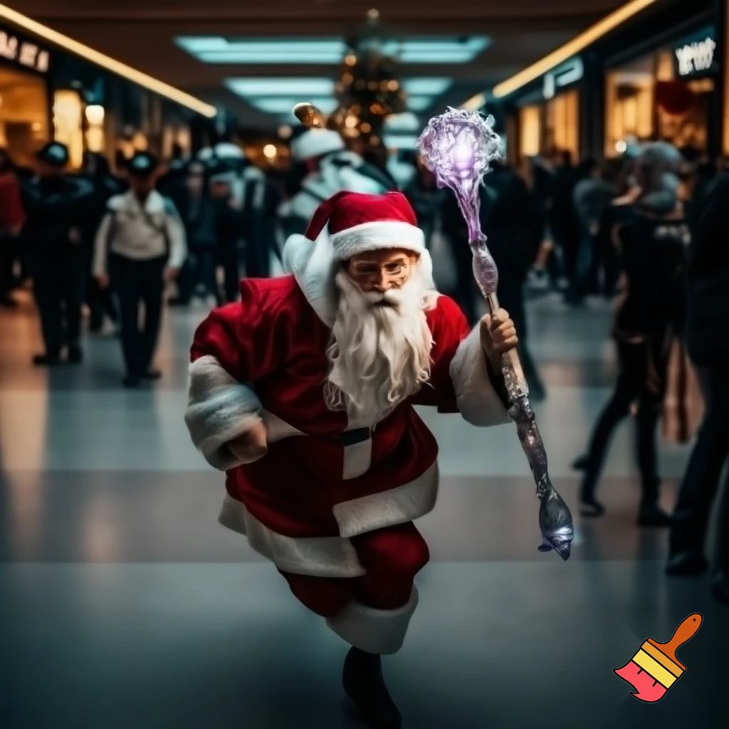 Santa Claus running with the walking stick running with his magic walking stick walking in the shopping centre with the walking stick magic staff walking stick affectation the police are on the way the police elf on the shelf