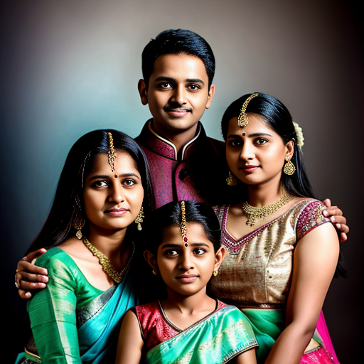 Create realistic photo of an Indian family photo comprising husband wife and their 13 year old daughter. Daughter is in cyan lehenga choli.