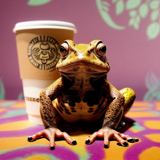 A hillarious, funny boho toad with some hippie colored coffee cups. Psychedelic decorated background.