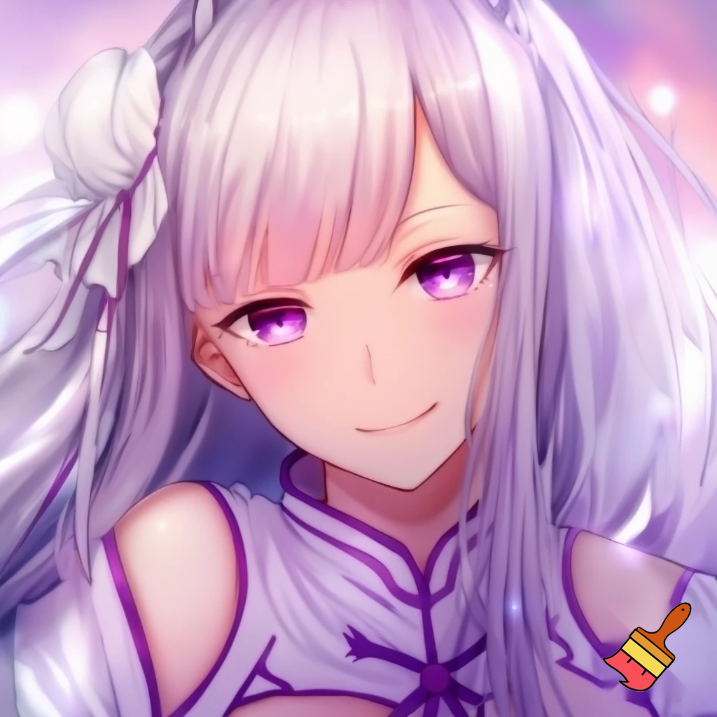 Anime portrait of Emilia from Re:Zero, with long silver hair and purple eyes. She is wearing her iconic white and purple robe, smiling gently. Masterpiece, high quality, vibrant colors, soft lighting, magical atmosphere.