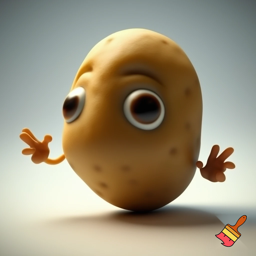 a cute potato having eyes and hands saying cheese
