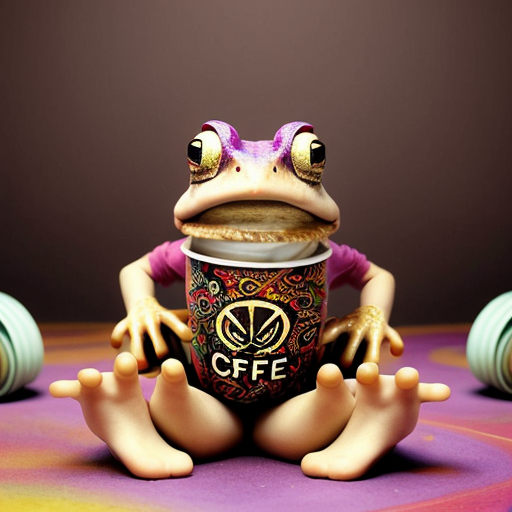 A hillarious, funny boho toad with some hippie colored coffee cups. Psychedelic decorated background.