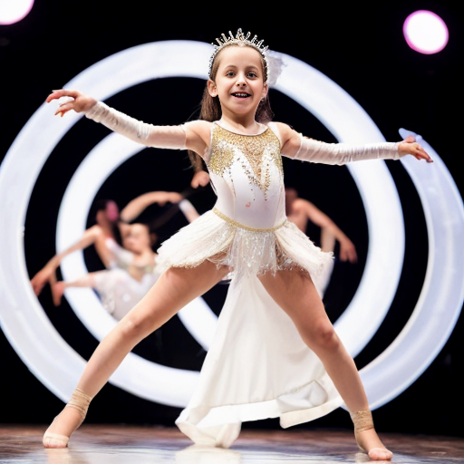 5岁女孩穿白色拉丁舞服，拉丁舞服上布满大号镂空圈