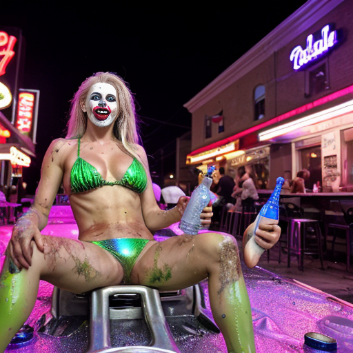 a grotesque yet mesmerizing tableau of absolute debauchery—a neon-lit backyard party where hell itself seems to have RSVP'd. A towering, rusted statue of Satan looms at the center, its hollow eyes dripping black ichor onto a pile of broken liquor bottles and half-eaten fast-food wrappers. Around it, elderly women in frayed, sequined bikinis lounge on plastic lawn chairs, their sagging skin mottled with bruises and cocktail umbrellas stabbed into their limbs like macabre decorations. Drunken clowns in smeared makeup stagger through the scene, one vomiting iridescent pink vomit into a kiddie pool filled with murky vodka, while another absentmindedly juggles his own severed fingers. The ground is a sticky mosaic of blood, spilled schnapps, and glitter, with a severed foot still wearing a stiletto propped against a cooler overflowing with ice and… are those teeth? The air shimmers with the stench of gasoline, cheap perfume, and rotting meat, as a deflating balloon animal slowly dissolves into a puddle of acid-green ooze.