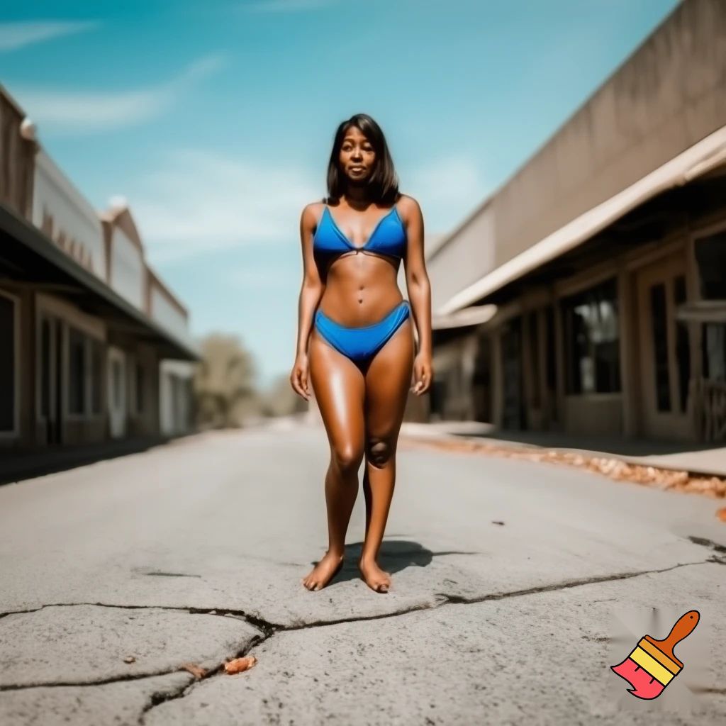 uma mulher de bikini  numa rua deserta de cidade pequena