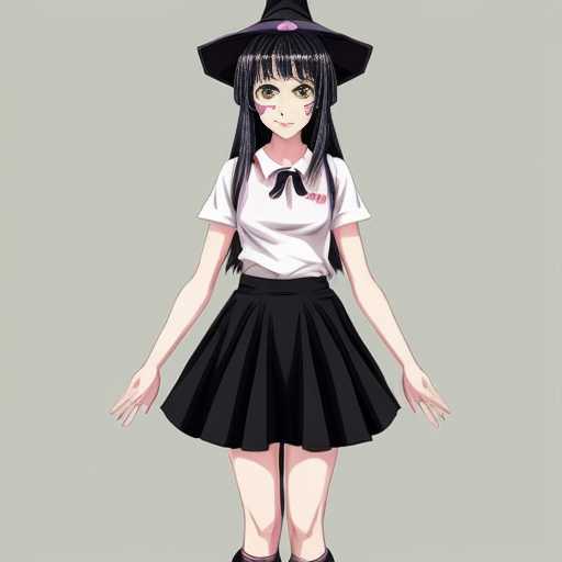 An anime witch girl with black hair, cute face, black eye. She have been abused until she only have broken skirt left. She is naked. She is 16 year old and height is 1,5m. She is tried to cover her skirt. The background is village with a lot of peopla