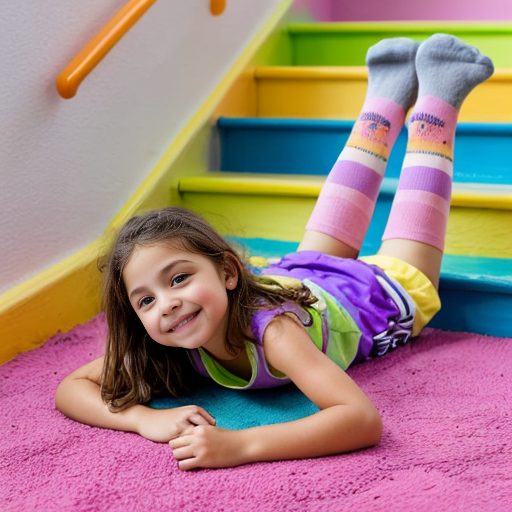 A girl lying down on the soft colourful Stairs wearing summer pink vests and purple shorts and yellow socks in indoor playground age 5 - 10