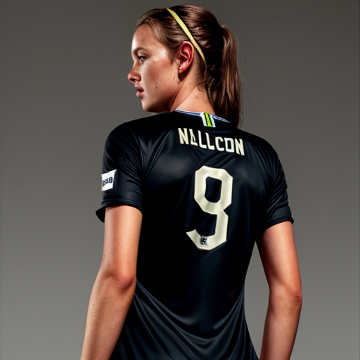 young womans back in a mens black soccer jersey with the name Nicholson in gold on it