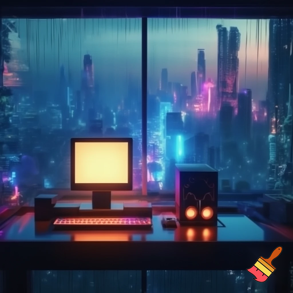 Computer with speakers in front of a city view window 