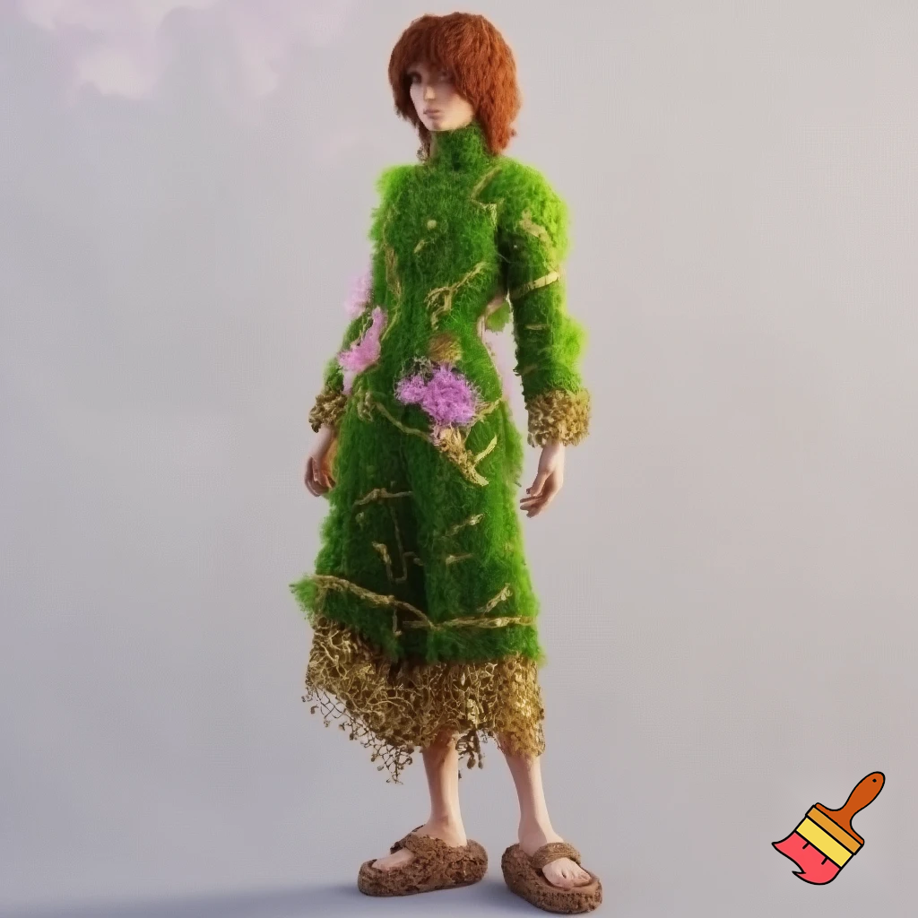 A maniquine wearing a green garment with a leaflike pattern, it shimmers a light pink like cherry blossoms and the material looks like it was woven with soft mosses and vines. The shoes are sandels made out of beach bark, the clothes are covered in small gold accents, golden hems, and gold leaf patterns. There was a small pendant attached to the hip in the shape of a teardrop with a golden leaf inside. Show all clothes. Maniquine has shaggy auburn hair. Maniquine is nonbianary. Garmet is not a dress