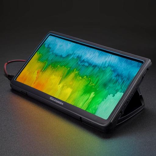 GL918 jump starter and air compressor, floating front panel separated by 1mm gap with continuous ice-blue LED strip around the panel edge. The floating panel holds dual LCD screens (side by side) and five touch zones. Main body is rounded rectangular with smooth curves. Type-C cable in bottom slot. Matte dark grey, seamless gap. Studio shot, dark background, blue outline glow, 8K, --ar 16:9 --v 6.1