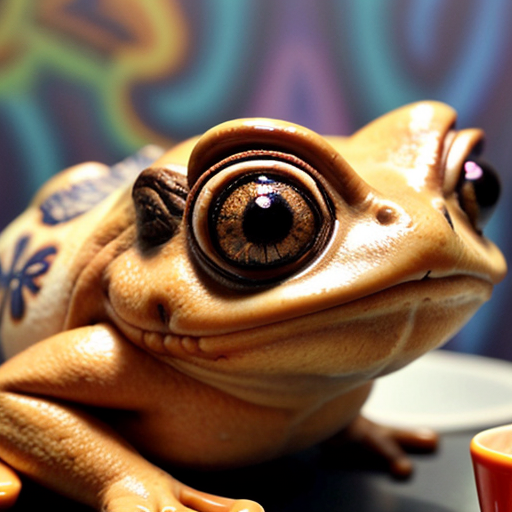 A hillarious, funny boho toad with some hippie colored coffee cups. Psychedelic decorated background, hyperrealistic. Close-up view.